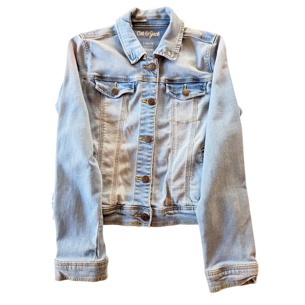 Cat & Jack Girls Light Wash Denim Trucker Jacket Size‎ L 10/12 Stretch Blue